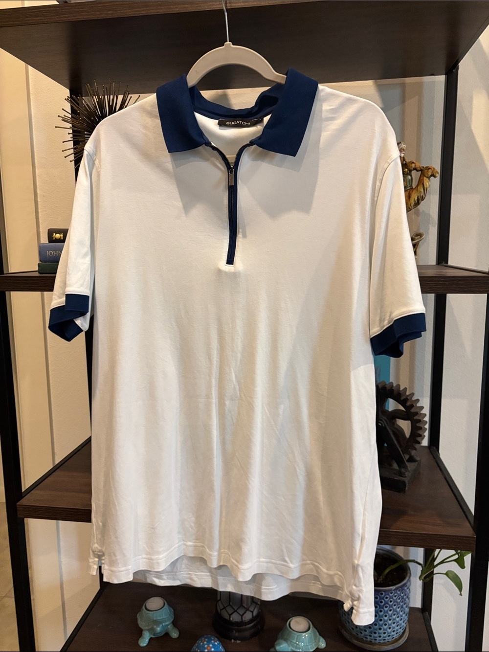 Bugatchi White Polo with Navy Zip Collar and Trim